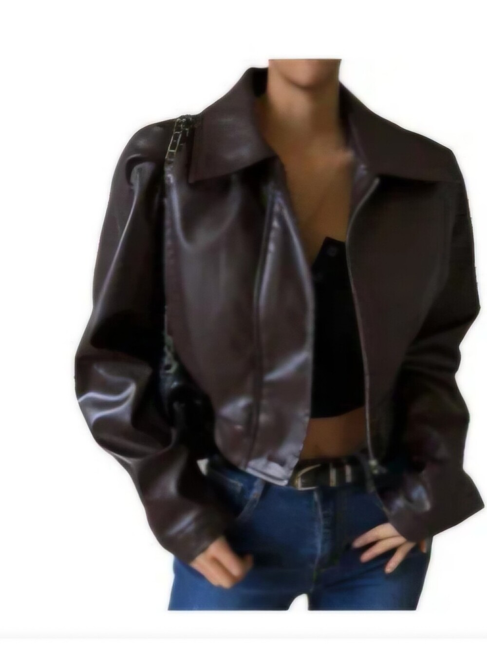 Classic Women's Brown Faux Leather Cropped Jacket